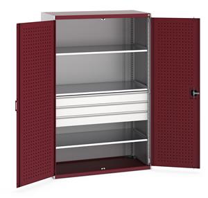 40022087.** Bott cubio kitted cupboard with lockable steel perfo lined doors 1300mm wide x 650mm deep x 2000mm high.  Supplied with 3 x 125mm high drawers and 3 x metal shelves.   Drawer capacity 75kgs, shelf capacity 160kgs. ...